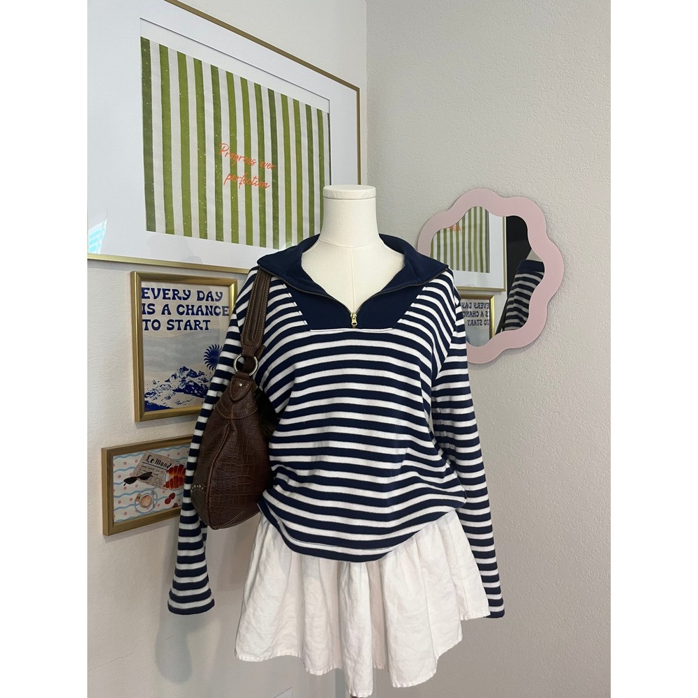 J Crew Navy White Striped Quarter Zip Fleece Pullover Sweatshirt Small